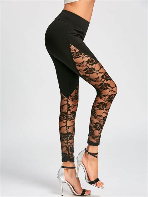 [62 off] lace insert skinny high waisted leggings rosegal