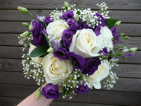 large white rose purple lisianthus gypsophila and ruscus wedding flower guide lavender