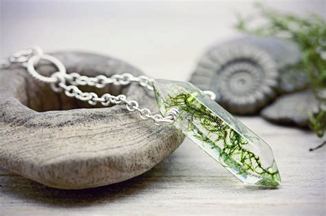 Moss Necklace Botanical Jewellery Quartz Crystal Point Wicca Green Eco
