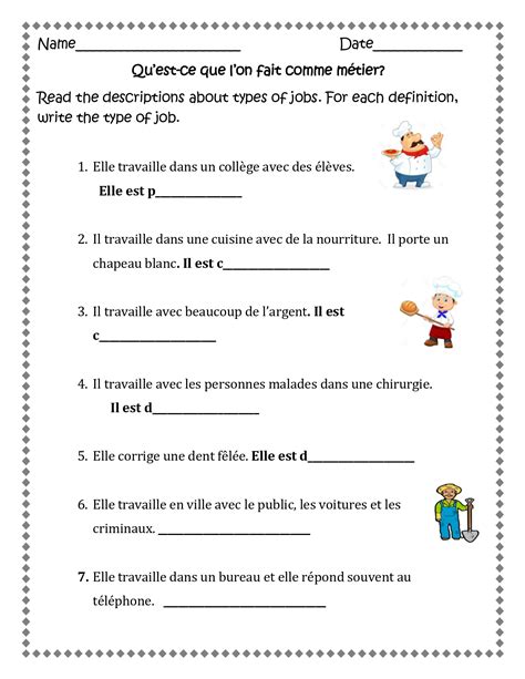 les professions french jobs  worksheets  distance learning