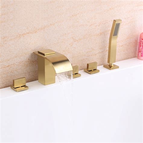 Milly Brushed Gold Waterfall 5 Hole Bath Filler Tap With Handheld Shower Bathroom Remodel