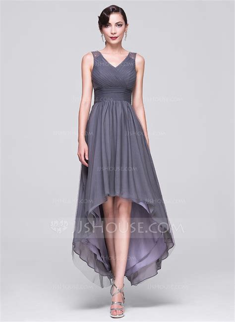 Us 14700 A Line V Neck Asymmetrical Tulle Evening Dress With Ruffle