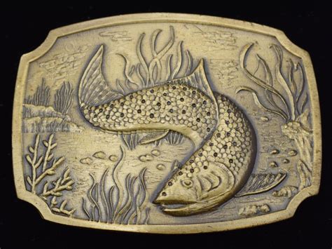 Solid Brass Fish Trout Salmon Pike Muskie Fisherman Vintage Belt Buckle