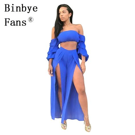 Binbye Fans Off Shoulder Jumpsuit High Split Two Piece Set Ladies Sexy Bodysuit Overalls Wide