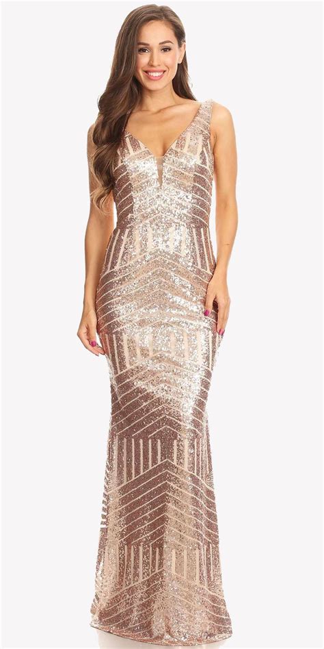 Floor Length Sequin Prom Dress V Neck With Sheer Inset Rose Gold