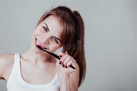 Beautiful Girl Cleans White Teeth Toothbrush Smile Stock Photo Image