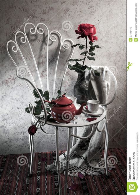 Still Life With Antique Chair Rose And Tea Stock Photo Image Of