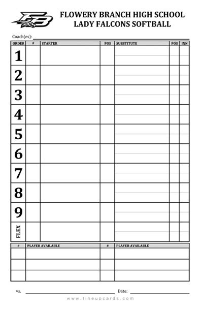 Custom High School Softball Lineup Cards 4 Part Lineup Cards With