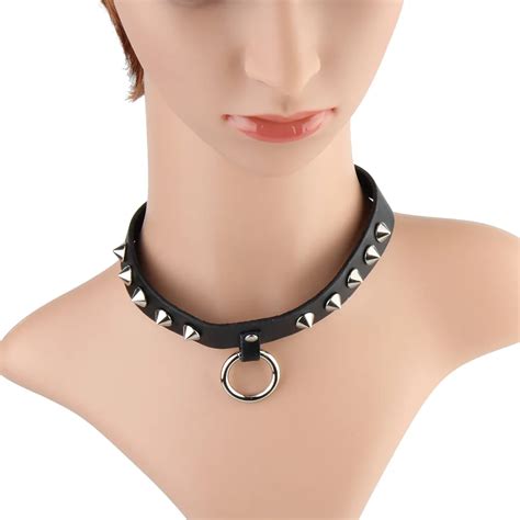 Seanuo Sharp Rivet Leather Choker Necklace With Circle Slave