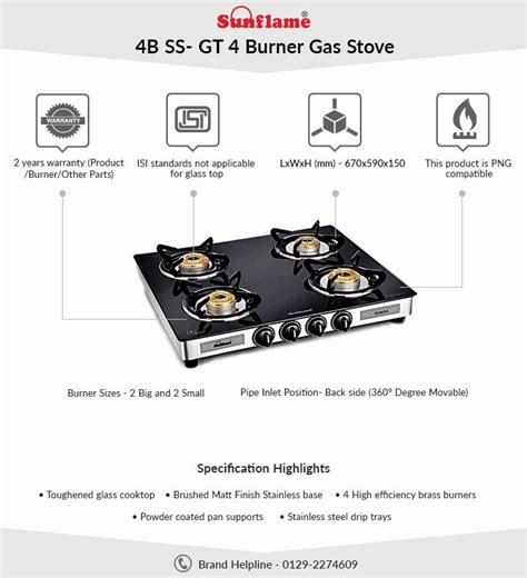 This one of a kind griddle makes cooking the simplest of meals that much more satisfying. Sunflame Diamond SS GT 4 Burner Glass Manual Gas Stove ...