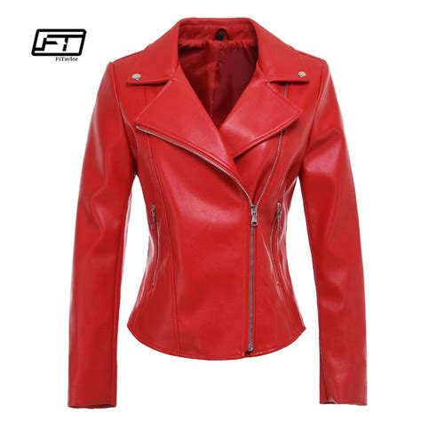 Fitaylor New Women Faux Leather Jacket Soft Pu Red Black Biker Coat Casual Zipper Punk Slim