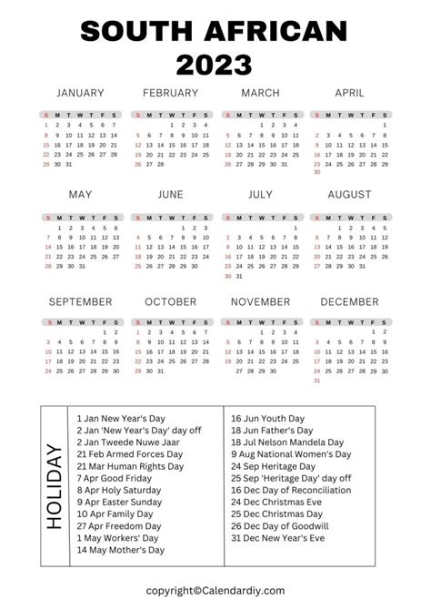 Free Printable South African Calendar Template 2023