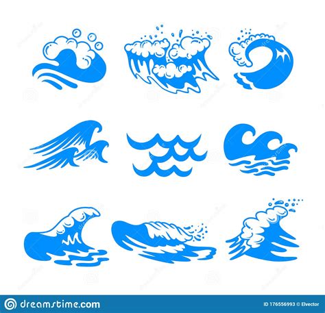 Set Of Blue Water Sea Or Ocean Waves And Splashing Of Different Shapes