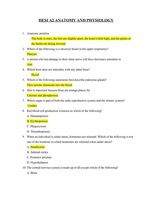 Solution Hesi Anatomy And Physiology Exam Questions And Answers Rated