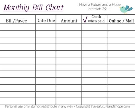 Free Printable Monthly Bill Chart Example Calendar Printable Gambaran