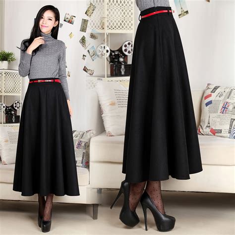 2015 New Arrival Womens Autumn Winter Wool Maxi Skirt 5xl 6xl Plus Size Black High Waisted Maxi