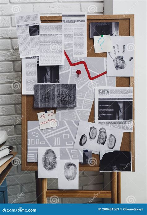 Detective Board With Fingerprints Crime Scene Photos And Map Near