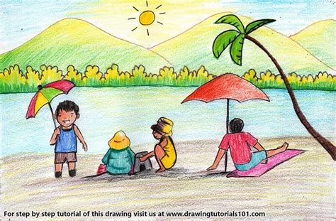 Summer Beach Scene Colored Pencils Drawing Summer Beach Scene With