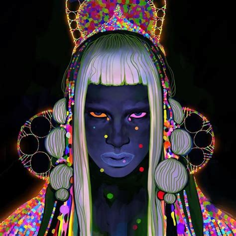 An Image Of A Woman With Bright Makeup And Headdress In Neon Colors On