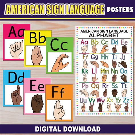 Asl Alphabet Posters American Sign Language Display Rainbow Colors
