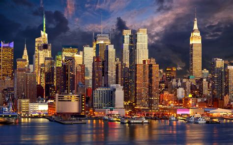 New York Wolkenkratzer Küste Lichter Nacht Manhattan Usa 2880x1800 Hd Hintergrundbilder
