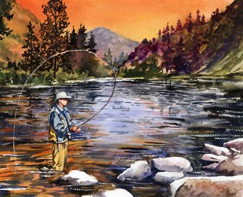 Sunset Mountain Fly Fishing Watercolor By Artist Beth Alyse Kantor