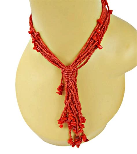 Multi Strand Red Coral Glass Seed Bead Tassel Necklace Beaded Tassel