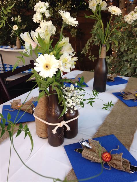 Continue the blue and white color scheme with balloons, streamers baskets of pretzels serve as oktoberfest decor both on the party table and placed throughout the. Centerpieces with painted beer glasses and twine. Great ...