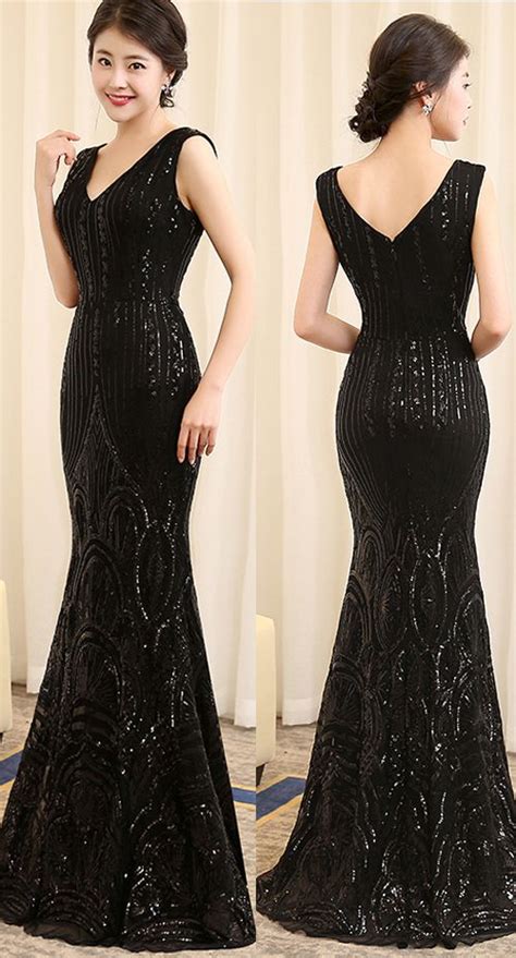 Black Sequin V Neck Mermaid Long Shiny Prom Dresses Evening Gowns Ld