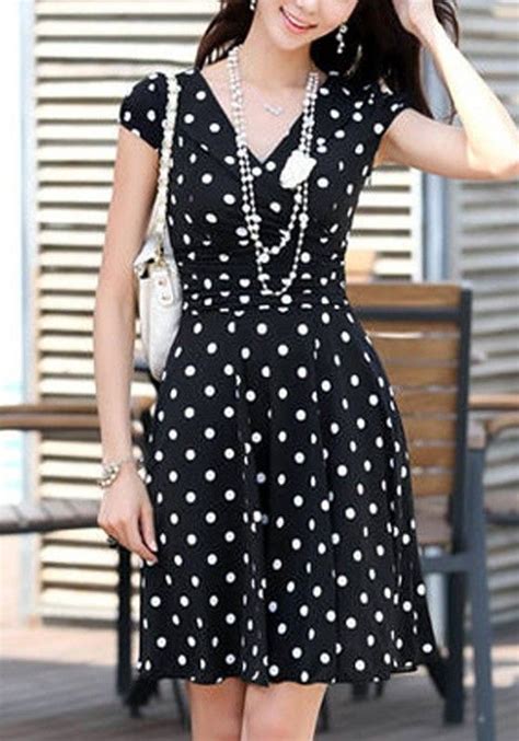 Black Polka Dot Print Pleated V Neck Short Sleeve Chiffon Dress Outfits