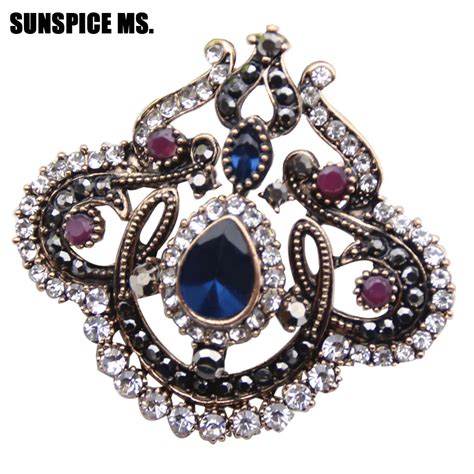 Elegent Fashion Women Flower Vintage Brooch Pin Antique Gold Color Resin Rhinestone Ethnic