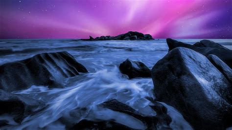Pink And Starry Night Sky Over Ocean Hd Wallpaper
