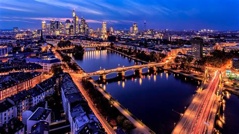 Wallpaper Frankfurt Germany City Night Roads River Bridge