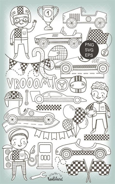 Race Car Doodle Clipart Kids Black And White Clip Art Racing Etsy In