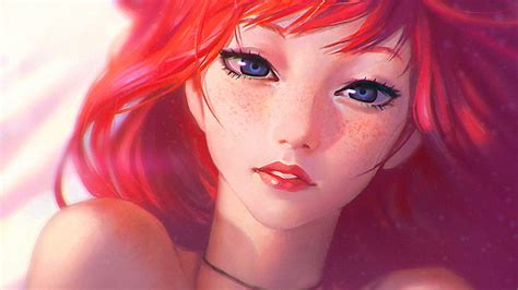 Hd Wallpaper Red Haired Female Anime Character Ilya Kuvshinov Redhead Freckles Wallpaper Flare
