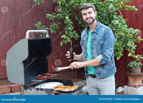 Hot Guy Preparing Dinner In Barbecue Stock Photo Image Of Meat