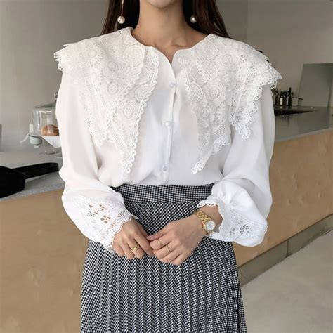 Beautiful White Lace Big Collar Blouse Puff Sleeve Fancy Lady Shirt