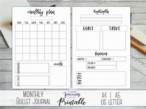 Monthly Bullet Journal Printable Planner Insert Dot Etsy