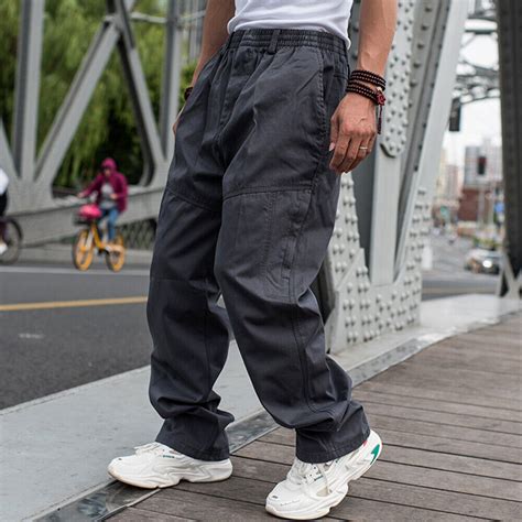 Mens Cargo Combat Loose Elastic Waist Oversized Khakis Trousers Multi Pocket Ebay