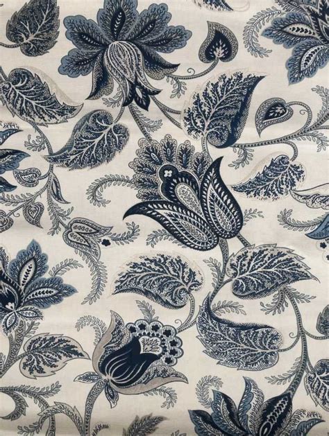 Designer Fabric Floral Lee Jofa Navy Taupe Green White Blues Off White
