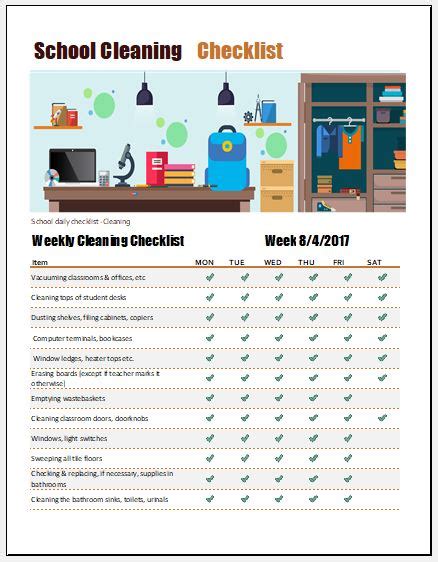 School Cleaning Checklist Template For Excel Word And Excel Templates