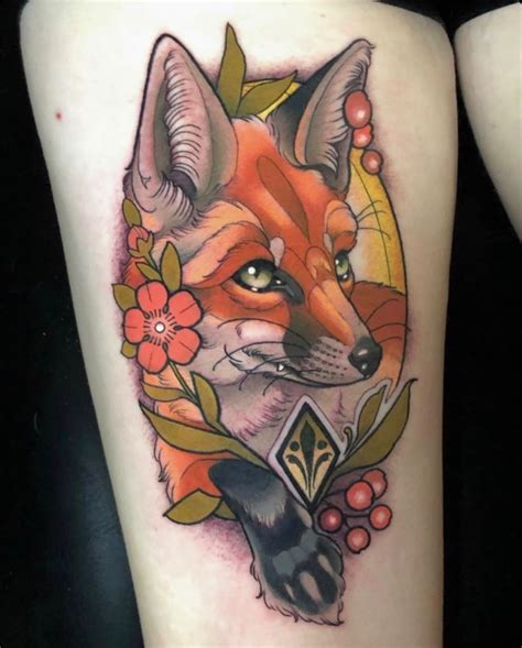 Neotraditional Fox Tattoo On The Back Of The Thigh By Levi Murphy Head