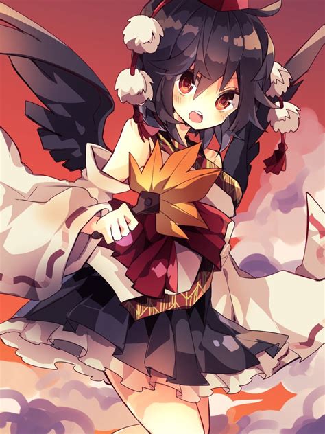 Safebooru 1girl Bird Wings Black Hair Black Wings Blush Brown Eyes Clouds Detached Sleeves Hat