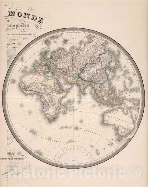 Historic Wall Map Mappe Monde Hemispheres Eastern Hemisphere 1851