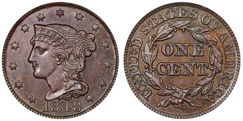 Its nominal diameter was 1 1⁄8 inch (28.57 mm). 1848 Braided Hair Liberty Head Large Cent Early Copper ...