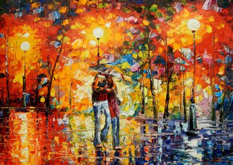 Modern Art Romantic Couple With Umbrella In The Rain 32x44 Oil