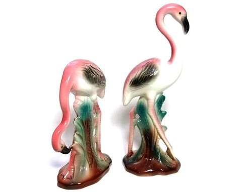 Vintage 40s Ceramic Flamingo Figurines Pink Black Green Set
