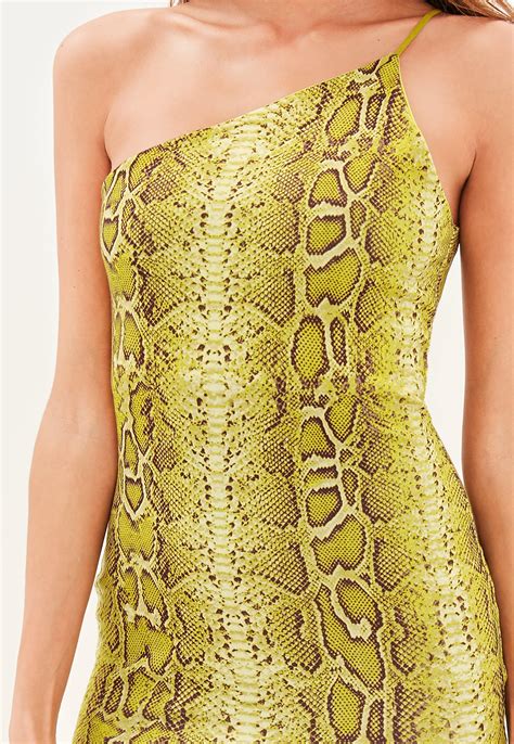 Missguided Synthetic Yellow Snake Print Asymmetric One Shoulder Bodycon