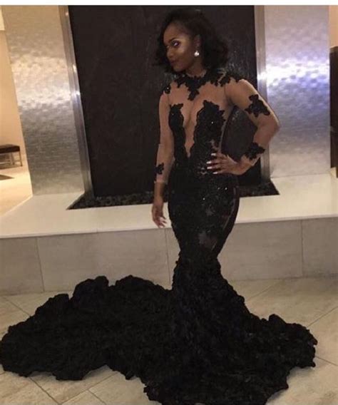 Sexy Black Lace Appliques Prom Dresses Black Girl Sheer Mermaid