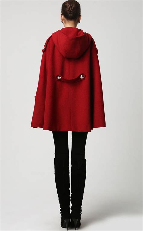 women s winter red wool hooded wool cape coat plus size etsy canada red cape coat womens